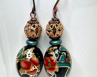 Vintage Japanese Black Tensha Bead Pink Rose Teal Blue Dangle Earrings,Vintage Filigree Bead,Handmade Eggplant Copper Ear Wires, Head Pins
