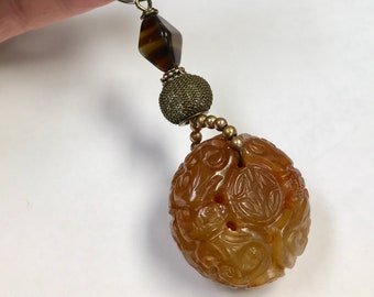 Vintage Rare Chinese SERPENTINE DOUBLE HAPPINESS Carved Honey Orange Bead Fan Light Pull, Vintage German Glass Bead,Chinese Metal Mesh Bead