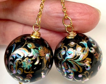 Vintage Japanese IRIDESCENT TENSHA Black Teal Copper Silver Floral Large Bead Dangle Earrings,Gold Chain,Bali 24K Gold Vermeil Ear Wires