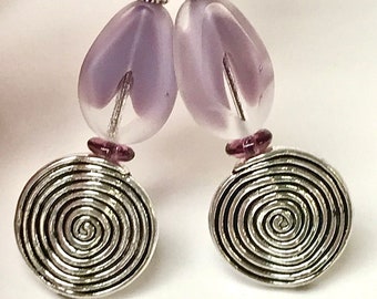 Vintage German GLASS PURPLE GIVRE Faceted Bead Dangle Earrings ,Vintage Purple Glass,Silver Spirals,Handmade Bali Sterling Silver Ear Wires