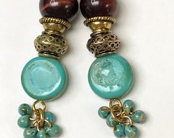 Vintage RED TIGEREYE Dangle Cluster Bead Earrings, Vintage TURQUOISE Glass Beads,Japanese Miyuki Picasso Turquoise Beads, Bali Style Gold