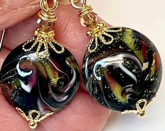 Vintage Chinese LAMPWORK Glass Black Cinnabar Red Lime Green Aventurina Lentil Bead Dangle Earrings,Vintage Topaz Crystal,Gold Ear Wires