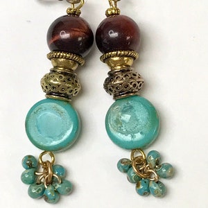 Vintage RED TIGEREYE Dangle Cluster Bead Earrings, Vintage TURQUOISE Glass Beads,Japanese Miyuki Picasso Turquoise Beads, Bali Style Gold image 1