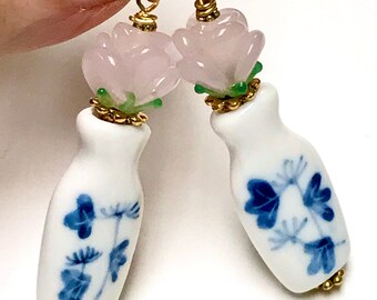 Vintage Chinese TURQUOISE Porcelain Bead PURPLE Flowers Light Fan Pull,Contemporary Chinese Iridescent Teal Blue Glass Bead,Silver Bead Caps