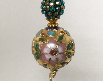 Vintage Chinese TURQUOISE Porcelain Bead PURPLE Flowers Light Fan Pull,Contemporary Chinese Iridescent Teal Blue Glass Bead,Silver Bead Caps