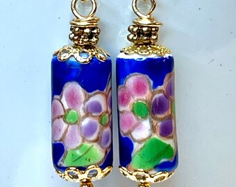 Vintage Chinese PORCELAIN COBALT Blue PINK Flower Barrel Bead Dangle Drop Earrings ,Pink,Purple ,Gold French Ear Wires