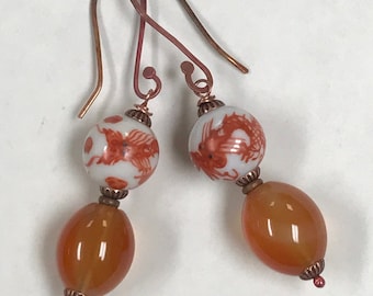 Vintage Chinese PORCELAIN Year Of The DRAGON White Orange Bead Dangle Earrings,Vintage Carnelian Gold Fish Bead,Handmade Copper Ear Wire