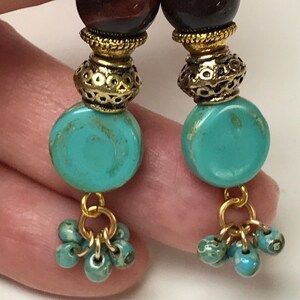 Vintage RED TIGEREYE Dangle Cluster Bead Earrings, Vintage TURQUOISE Glass Beads,Japanese Miyuki Picasso Turquoise Beads, Bali Style Gold image 2