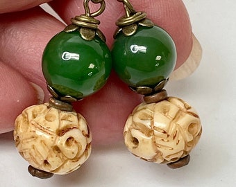 Vintage JADE Spinach NEPHRITE AA Grade Bead Dangle Earrings,Vintage Chinese Carved Bone Flower Beads,Antiqued Brass Ear Wires,Bead Caps