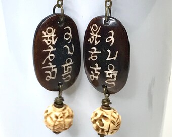 Vintage TIBETAN Bone MANI MANTRA Bead Dangle Bead Earrings, Vintage Ornate Pierced Carved Chinese Bone Beads,Antiqued Brass Chain, Ear Wires