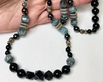 Vintage Rare BLACK ONYX CUBOID Knotted Bead Necklace, Vintage German Blue Givre Glass,Vintage Hematite, Vintage Silver Plated Rosebud Beads