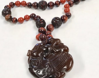 Vintage CINNABAR Chinese RARE BROWN Knotted Bead Necklace,Vintage Chinese Carved Serpentine Kylin Pendant,Vintage Red Tigereye,Red Jasper