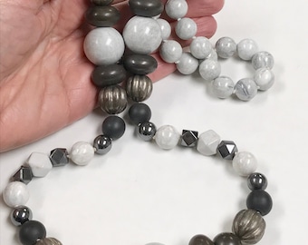 ANTIQUE CHINESE Qing Silver Bead Knotted Necklace,Vintage Howlite Beads,Vintage Hematite,Vintage Marble,Vintage Black Glass,Vintage Pewter