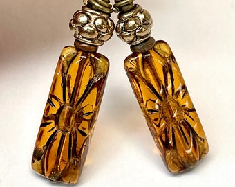 Vintage JAPANESE HONEY GLASS Etched Black Rectangular Bead Dangle Drop Handmade Earrings ,Antiqued Gold Plated Ornate Beads