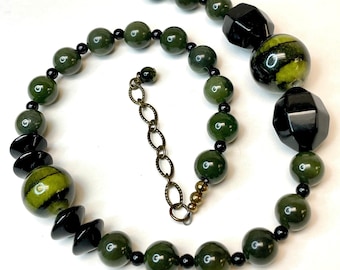 Vintage Nephrite JADE Bead Spinach Green Necklace, Vintage Black Onyx Faceted Beads, Vintage Japanese Lucite Beads, Antiqued Brass Chain