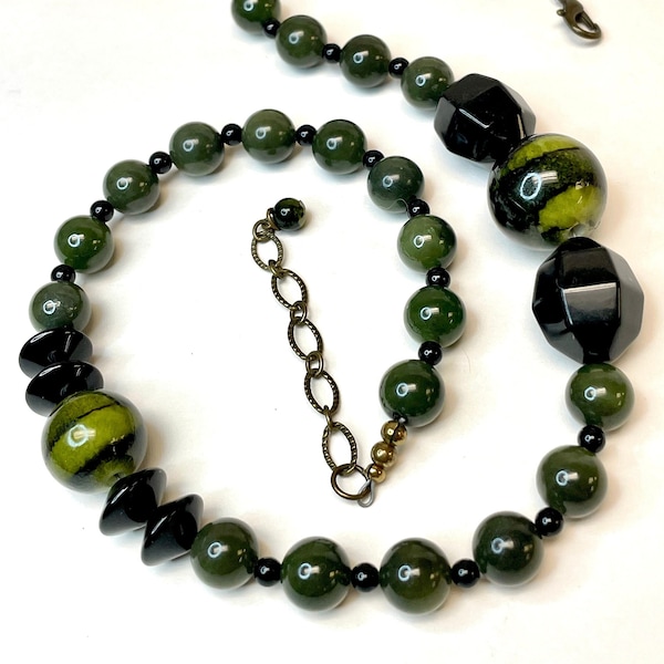 Vintage Nephrite JADE Bead Spinach Green Necklace, Vintage Black Onyx Faceted Beads, Vintage Japanese Lucite Beads, Antiqued Brass Chain