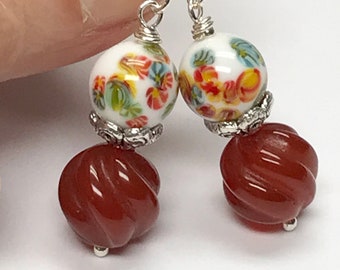 Vintage Japanese MILLEFIORI White Glass FLOWER Bead Dangle Earrings,Vintage Carnelian Carved Round Twist Beads,Silver Ear Wires Bead Caps