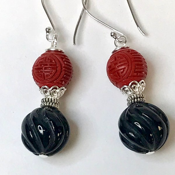 Vintage Chinese RED CINNABAR ETERNITY Shou Bead Dangle Earrings, Vintage Black Onyx Melon Beads, Bali Sterling Silver Bead Caps, Ear Wires