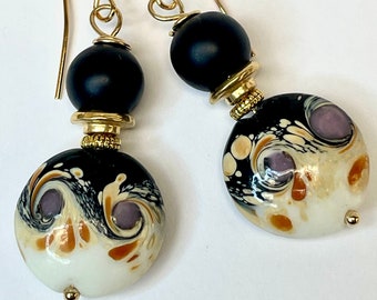 Vintage Chinese Lampwork Black Cream Purple Yellow Lentil Bead Dangle Earrings,Vintage Black Matte Crystal Beads,Gold Ear Wires