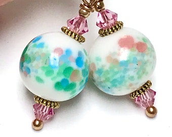 Vintage Japanese Glass TONBODAMA MILLEFIORI White, Pink, Aqua, Mint Green Bead Dangle Drop Earrings ,Vintage Pink Swarovski Crystal,Gold