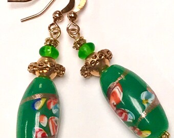 Vintage Japanese Millefiori Green Glass Earrings, Goldstone Aventurina, Ornate Gold Beads