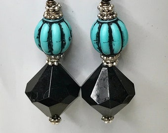 Vintage JAPANESE LUCITE TURQUOISE Black Lucite Striped Melon Bead Earrings Dangle Drop, Vintage Black Faceted Lucite Bi Cone Beads,Silver