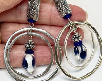 Vintage Japanese GLASS BLUE SPOTTED Dangle Drop Bead Earrings,Vintage German Cobalt Blue Glass Beads,Silver Plated Hoops,Silver Plated Beads