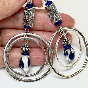 Vintage Japanese GLASS BLUE SPOTTED Dangle Drop Bead Earrings,Vintage German Cobalt Blue Glass Beads,Silver Plated Hoops,Silver Plated Beads