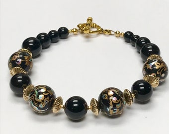 Vintage Japanese TENSHA IRIDESCENT Black Onyx Bead Bracelet, Vintage Gold Filled Beads, Gold Plated Toggle Clasp