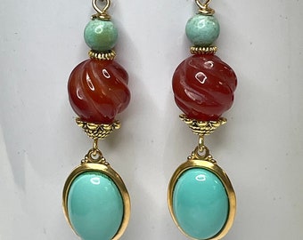 Vintage Chinese TURQUOISE Stone Oval Cabochon Dangle Bead Earrings,Vintage Chinese Carved Carnelian Melon Twist Beads,Antiqued Ear Wires