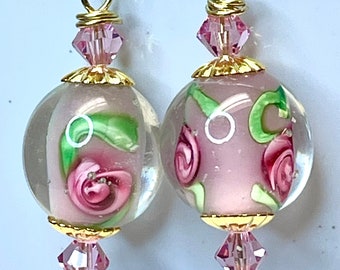 Vintage Chinese GIVRE Glass Mint Green Pink Rose FLOWERS Bead Dangle Earrings, Vintage Pink Crystal Beads, Gold Bead Caps,Gold Ear Wires