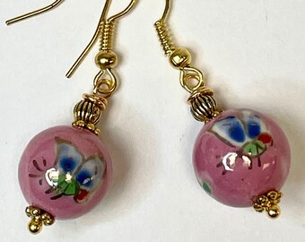 Vintage Chinese PORCELAIN BUTTERFLY Pink Bead Dangle Drop Earrings, Gold Kidney Ear Wires MATCHED Jewelry Set