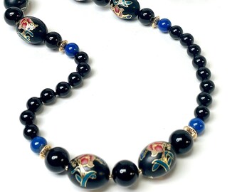 Vintage Lapis Black Onyx Knotted Bead Necklace,Vintage Japanese Black Pink Rose Gold Foil Flower Tensha Decal Beads,Vintage Gold Filled Bead