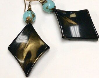 Vintage Lucite German PICASSO Turquoise Gold Splatter Bead Dangle Earrings,Vintage German Lucite Diamond Twist Gold Black Iridescent Bead,