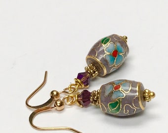 Vintage Chinese CLOISONNE PURPLE  1970s RARE Barrel Flower Bead Dangle Drop Earrings, Vintage Iridescent Purple Swarovski Crystal, Gold
