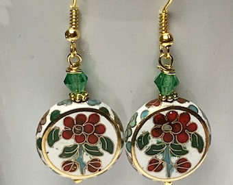 Vintage Chinese CLOISONNE RARE LENTIL Shape White Red Green Flowers Bead Dangle Drop Earrings,Vintage Green Austrian Crystal