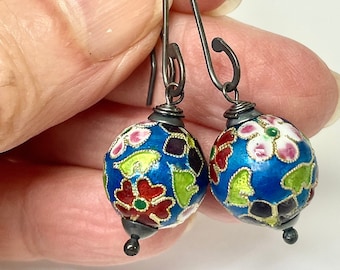 Vintage Chinese Cloisonne RARE CHAMPLEVE Teal Blue Dangle Bead Earrings Lime Green Pink Flowers Handmade Sterling Silver French Ear Wires