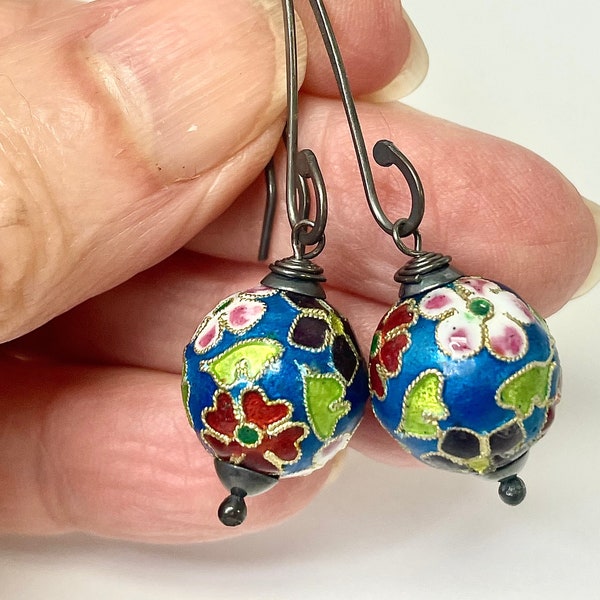 Vintage Chinese Cloisonne RARE CHAMPLEVE Teal Blue Dangle Bead Earrings Lime Green Pink Flowers Handmade Sterling Silver French Ear Wires