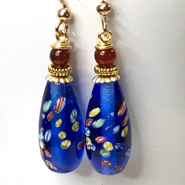 Vintage Japanese MILLEFIORI GLASS Cobalt Blue Flower Teardrop Bead Earrings, Vintage Carnelian,Gold Bead Caps, Gold French Ear Wires