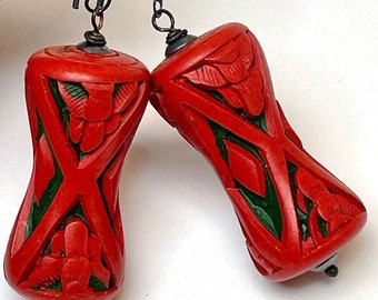 Vintage RARE Chinese Red Cinnabar Barrel Bead Earrings, Handmade Oxidized Silver Chain