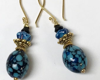 Vintage Japanese Glass TONBODAMA AQUA BLACK Bead Dangle Earrings ,Vintage German Blue Pressed Glass Flower ,Bali 24K Gold Vermeil Ear Wires