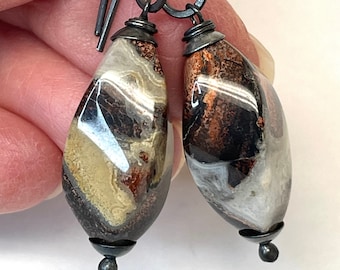 Vintage SARD AGATE Brown Black Gray Carved Oval Twist Dangle Bead Earrings,Handmade Sterling Silver Ear Wires, Handmade Silver Head Pins C