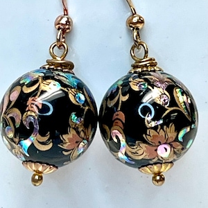 Vintage JAPANESE TENSHA IRIDESCENT Black Aqua Purple Silver Dangle Drop Bead Earrings ,Gold Bead Caps, Gold French Ear Wires