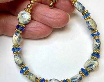 Vintage Japanese Blue White Tensha Chrysanthemum Bead Bracelet, Cobalt Tin Cut Crystal, Gold