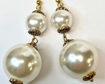 Vintage Japanese WHITE Lucite FAUX PEARL Double Bead Long Dangle Earrings ,Ornate Gold Bead Caps