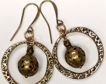 Vintage Brass Filigree Pierced Bead Dangle BOHO Earrings,Antiqued Brass Hoops,Copper