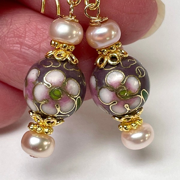 Vintage Chinese CLOISONNE Deep PURPLE Pink White Flower Bead Dangle Earrings,Vintage Cultured Pink Pearls, Bali 24K Gold Vermeil Ear Wires