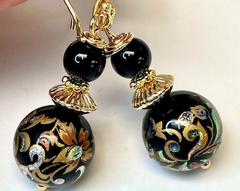 Vintage Japanese Tensha IRIDESCENT Bead Earrings,Vintage Black Onyx, Vintage Gold Filled Abacus Shaped Beads,Bali 24K Gold Vermeil Ear Wires