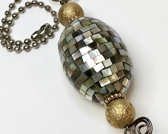 Vintage Abalone Iridescent Large Barrel HANDMADE Taupe Silver Mosaic FAN Light PULL Focal Bead, Vintage Gold Plated Stippled Beads