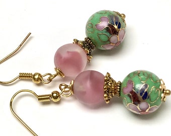 Vintage Chinese CLOISONNE RARE Apple Green Dangle Drop Bead Earrings ,Vintage 1950s German Pink Givre Glass Beads, Gold French Ear Wires